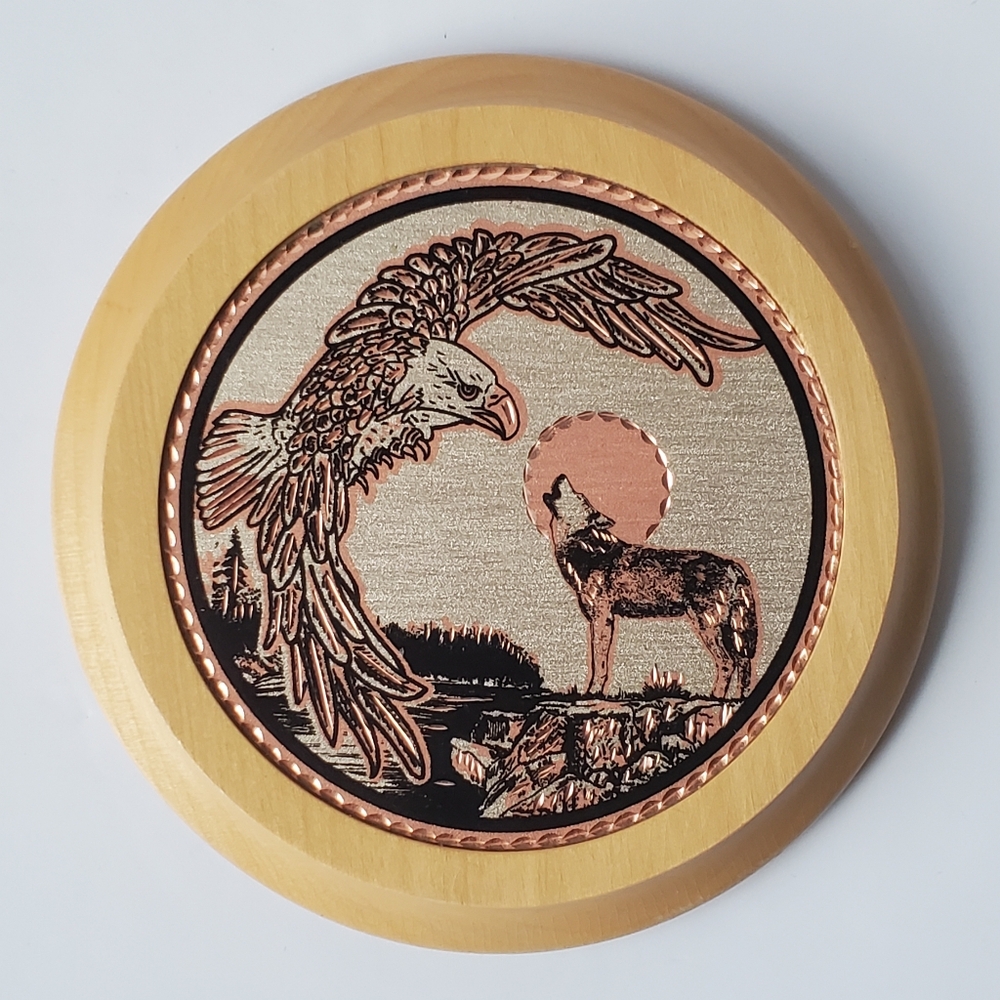 Copper Reflections Eagle & Wolf Etched Copper & Silver Art Piece on Wood EUC